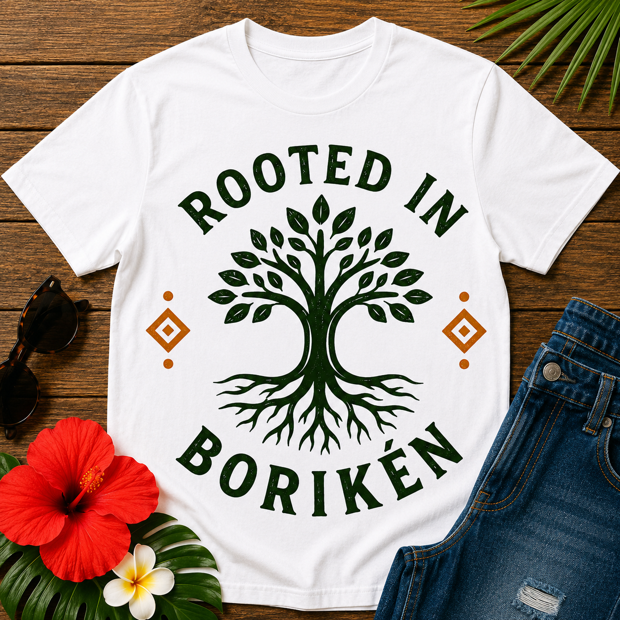 Rooted in Borikén T-Shirt featuring symbolic heritage tree design celebrating Puerto Rican and Taíno roots