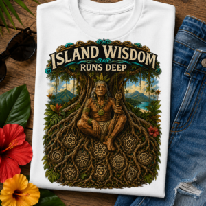 Island Wisdom Runs Deep T-shirt featuring a Taíno elder beneath a sacred Tree of Life with ancestral petroglyph symbols inspired by Puerto Rico