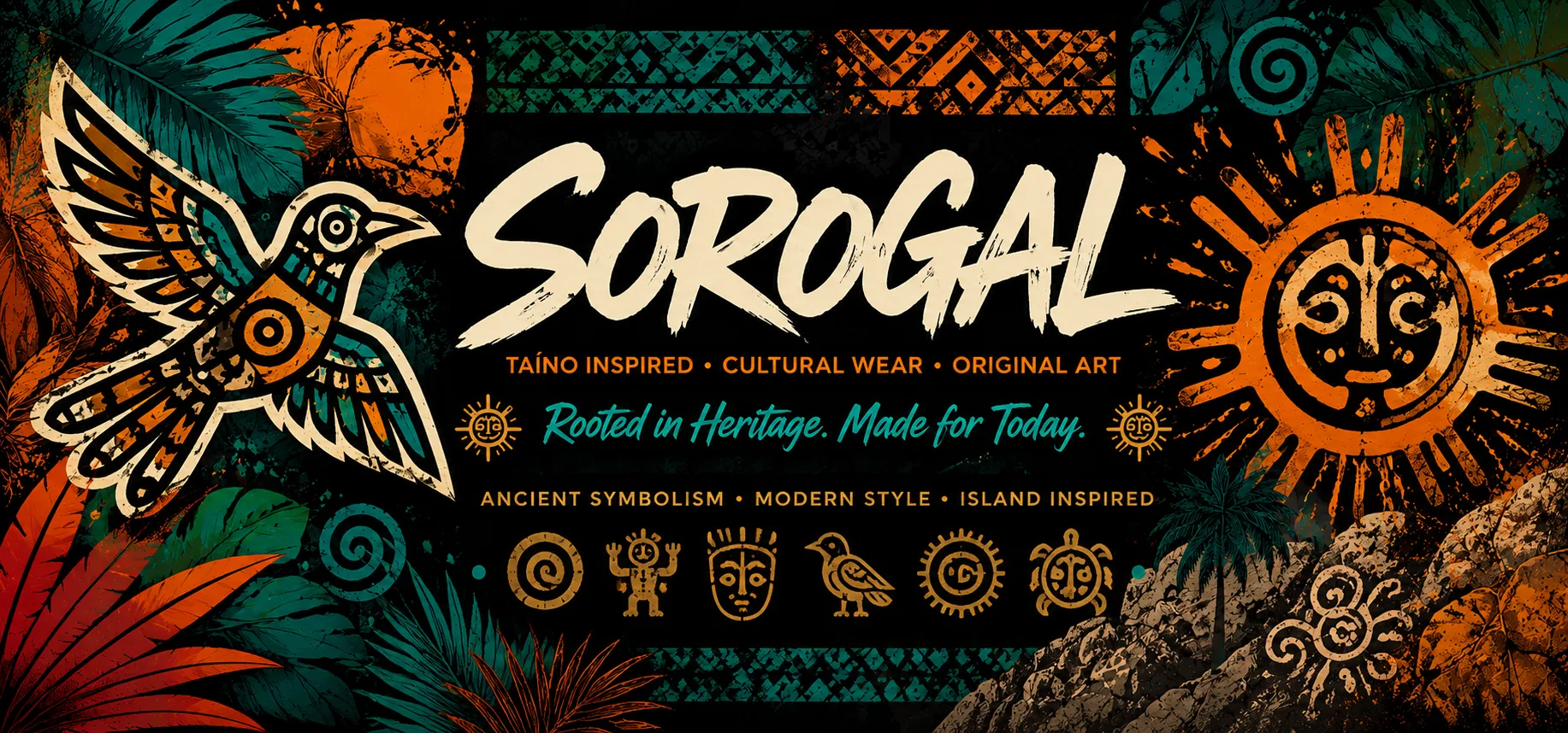 Sorogal Taíno-inspired cultural wear banner with hummingbird and sun art, original art