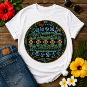 Fire Water Wind Earth Graphic Shirt featuring tribal geometric circle design with symbolic natural elements and colorful patterns