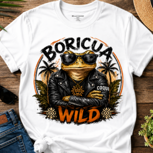 Boricua Wild Frog Tee featuring cool coquí frog in sunglasses and leather jacket celebrating Puerto Rican pride