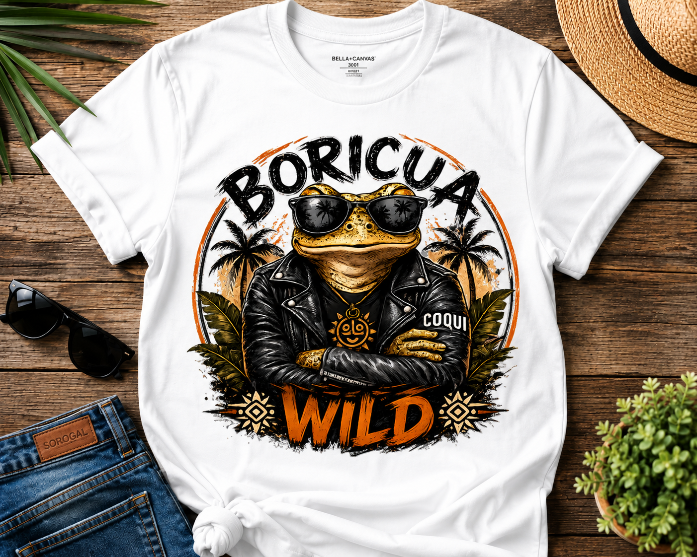 Boricua Wild Frog Tee featuring cool coquí frog in sunglasses and leather jacket celebrating Puerto Rican pride