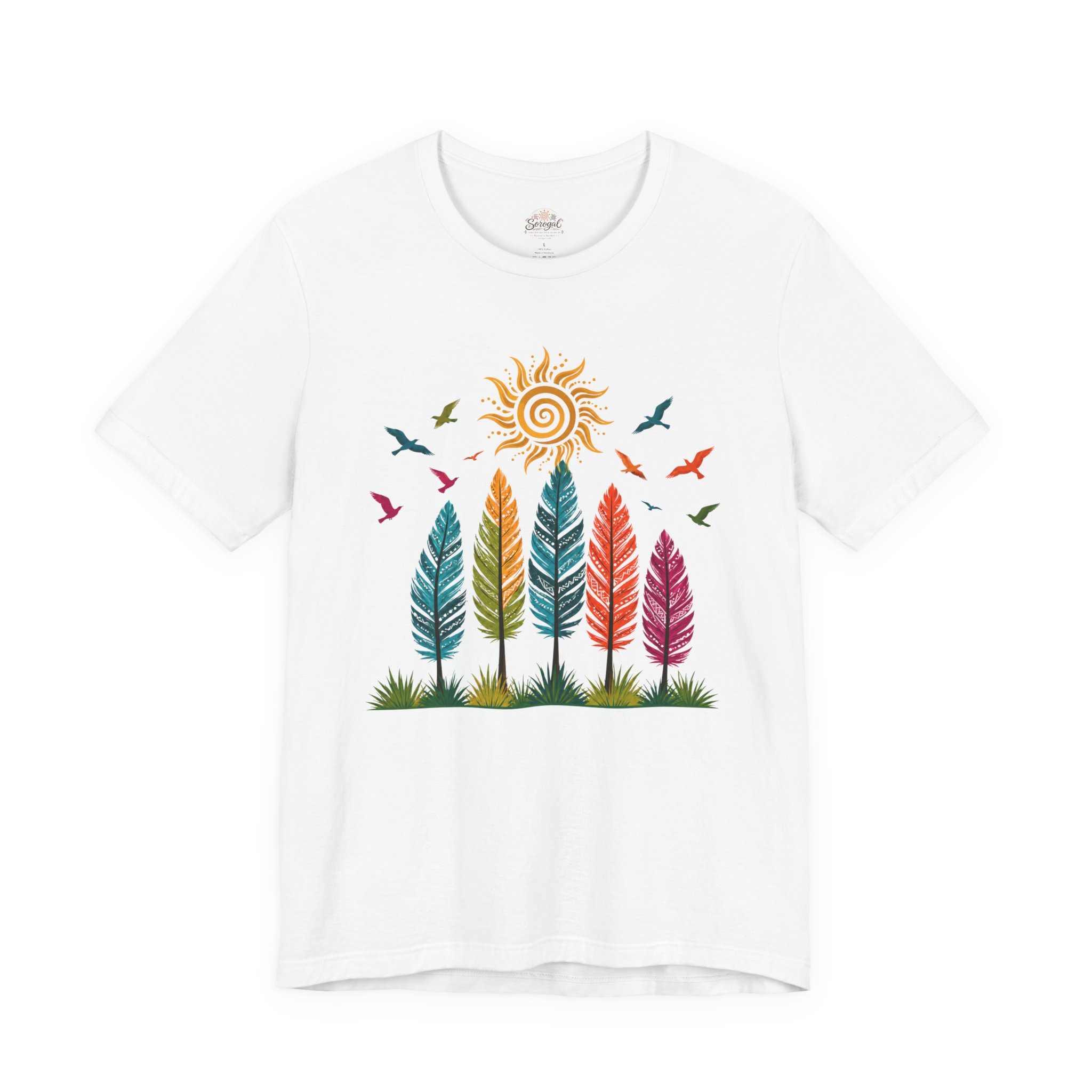 Boho Feather T-Shirt | Colorful Rainbow Feather Graphic Tee - Image 2