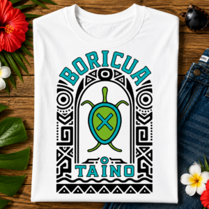 Boricua Taíno Turtle Graphic Tee featuring Indigenous Puerto Rican tribal artwork with a green turtle framed by traditional Taíno-inspired geometric designs.