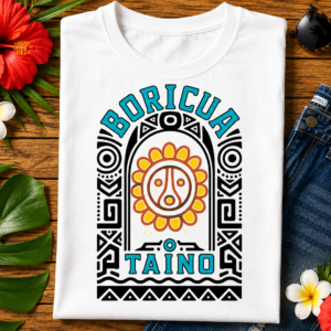 Boricua Taíno Graphic Tee featuring a Taíno-inspired sun symbol representing Puerto Rican heritage and Indigenous culture.