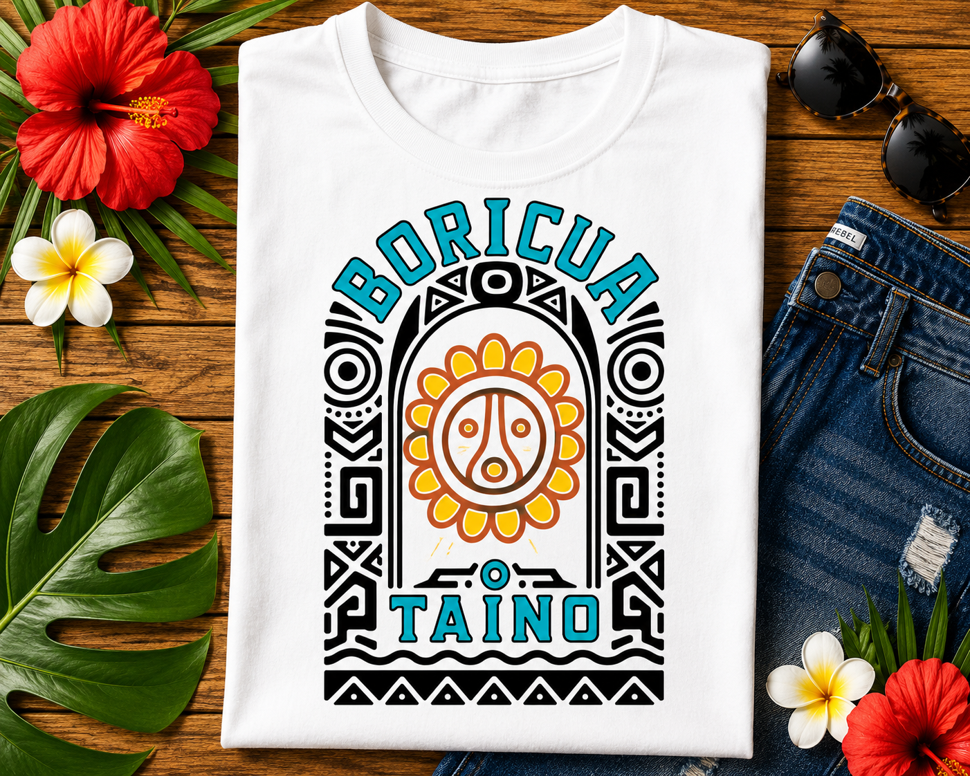 Boricua Taíno Graphic Tee featuring a Taíno-inspired sun symbol representing Puerto Rican heritage and Indigenous culture.