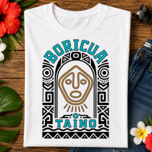 Boricua Taíno Tee featuring a Taíno-inspired ancestral face symbol celebrating Puerto Rican heritage and Indigenous culture.
