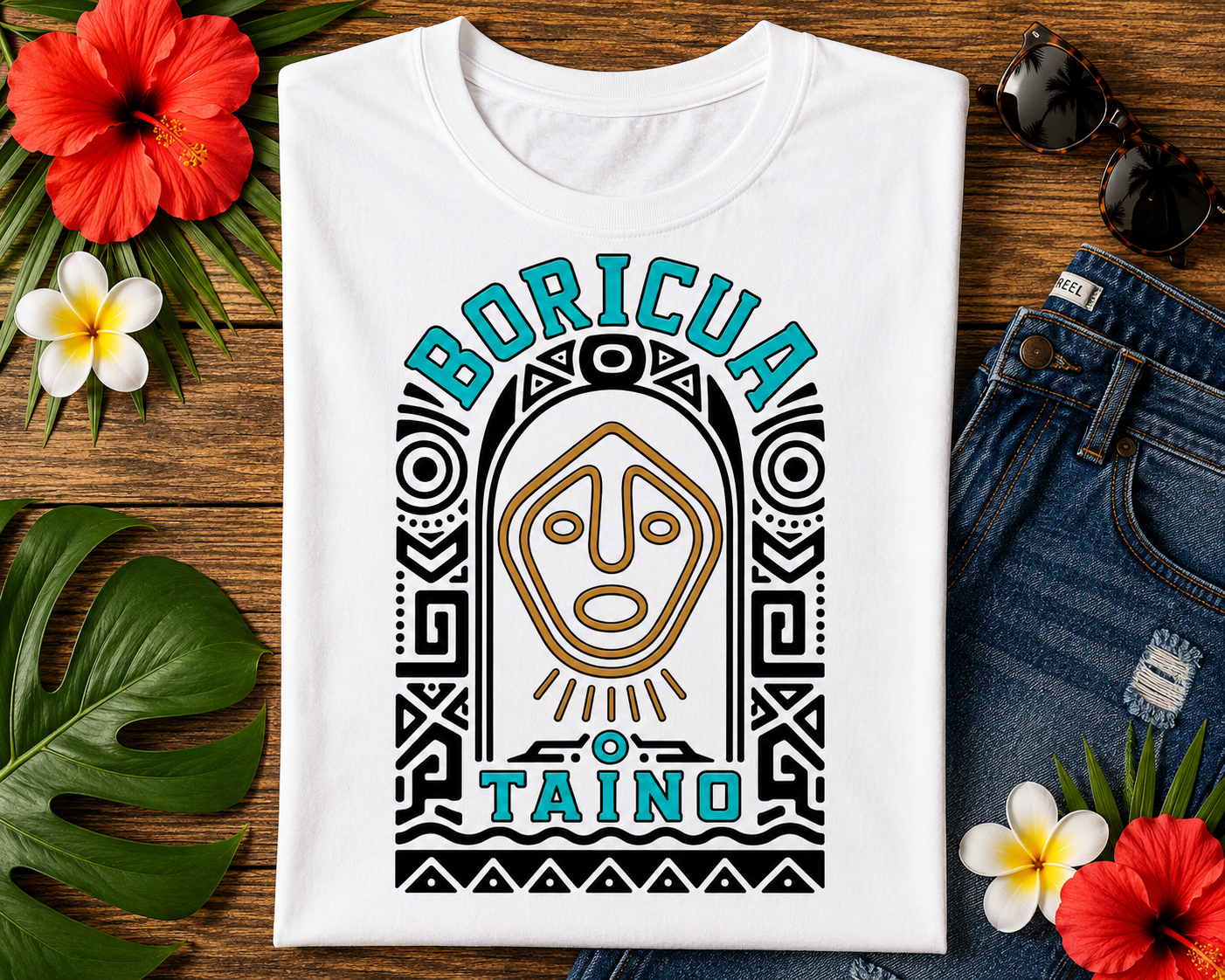 Boricua Taíno Tee featuring a Taíno-inspired ancestral face symbol celebrating Puerto Rican heritage and Indigenous culture.