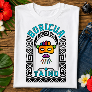 Boricua Taíno Mask T-shirt featuring a colorful tribal mask inspired by Puerto Rican heritage and the ancient culture of Borikén.