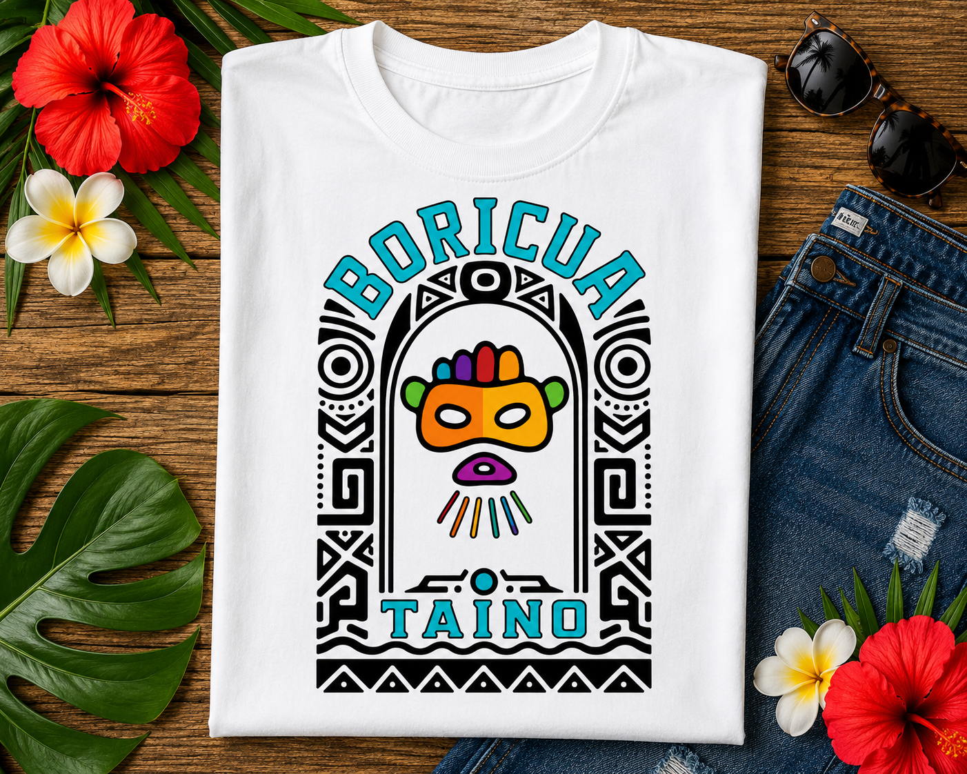 Boricua Taíno Mask T-shirt featuring a colorful tribal mask inspired by Puerto Rican heritage and the ancient culture of Borikén.