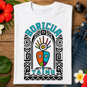 Boricua Taíno T-shirt featuring a colorful Indigenous-inspired symbol celebrating Puerto Rican heritage and the ancient culture of Borikén.