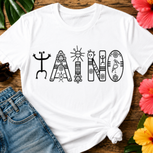 Taíno Tribal Glyphs T-shirt featuring the word TAINO created with Indigenous-inspired symbols and Puerto Rican heritage artwork.