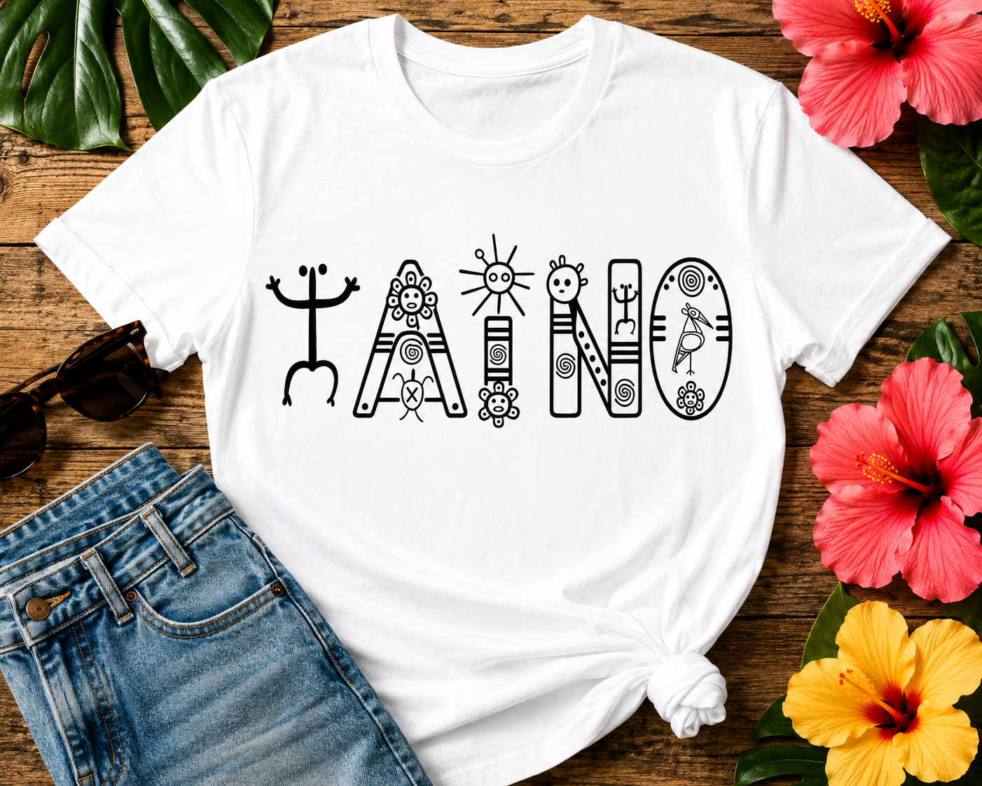 Taíno Tribal Glyphs T-shirt featuring the word TAINO created with Indigenous-inspired symbols and Puerto Rican heritage artwork.