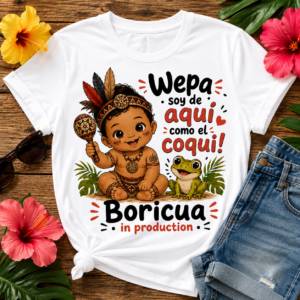 Boricua Baby T-shirt featuring a Taíno-inspired child holding a maraca beside a coquí frog with the phrase Wepa soy de aquí como el coquí.
