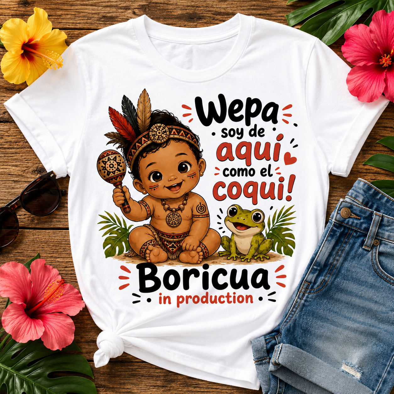 Boricua Baby T-shirt featuring a Taíno-inspired child holding a maraca beside a coquí frog with the phrase Wepa soy de aquí como el coquí.