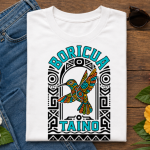 Boricua Taíno T-Shirt featuring colorful indigenous-inspired hummingbird artwork and Puerto Rican heritage design