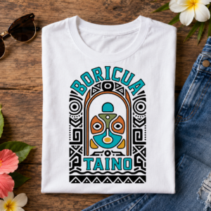 Boricua Taíno Graphic Tee featuring colorful Indigenous-inspired Puerto Rican heritage mask artwork