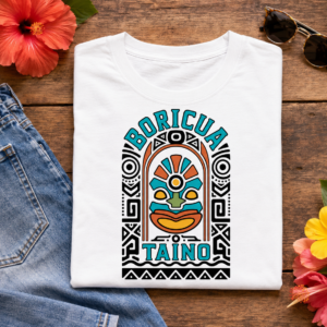 Boricua Taíno Mask Tee featuring colorful Puerto Rican Indigenous-inspired mask artwork