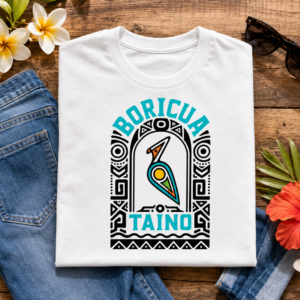 Boricua Taíno Tribal Bird Tee featuring colorful Puerto Rican Indigenous-inspired bird artwork