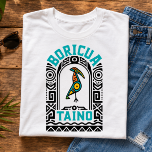 Boricua Taíno Bird Tee featuring colorful Puerto Rican Indigenous-inspired bird artwork