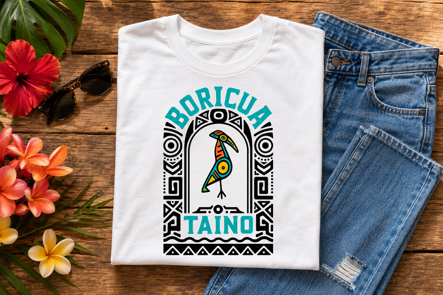 Boricua Taíno Bird Tee featuring colorful Puerto Rican Indigenous-inspired bird artwork