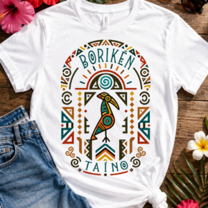 Borikén Taíno Tribal Bird Graphic Tee featuring colorful Indigenous-inspired bird artwork and Puerto Rican heritage symbols