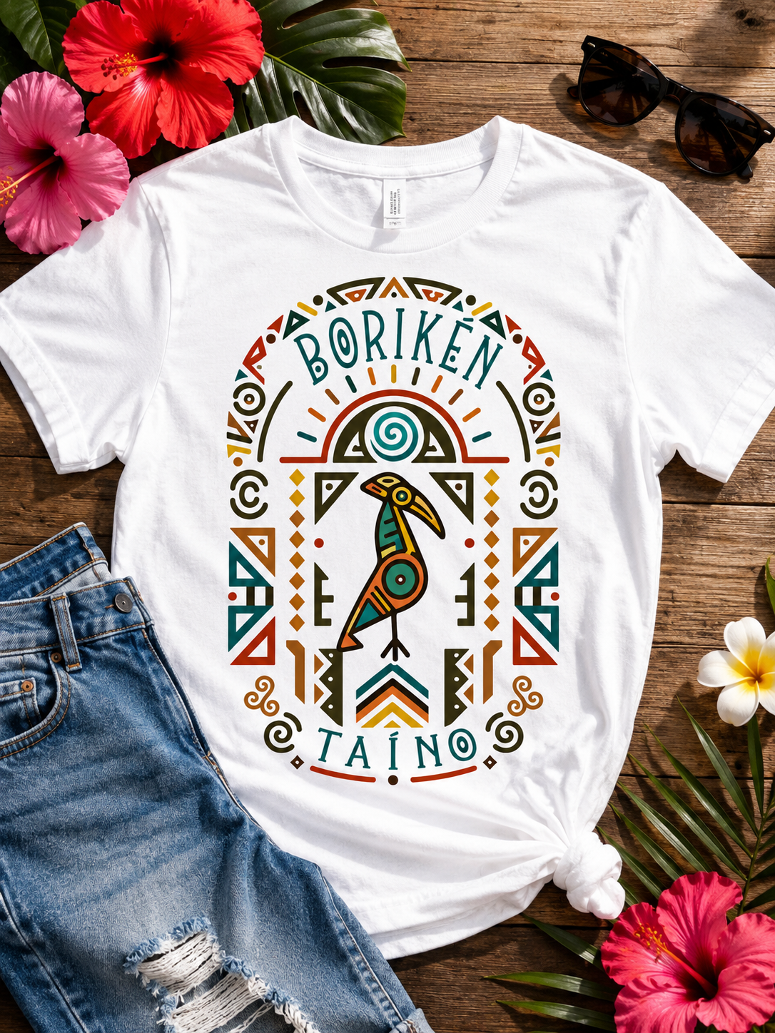 Borikén Taíno Tribal Bird Graphic Tee featuring colorful Indigenous-inspired bird artwork and Puerto Rican heritage symbols