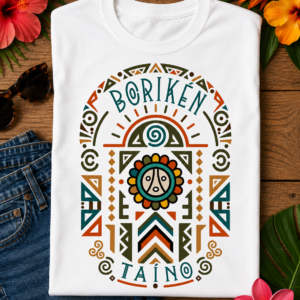 Boricua Taíno Tribal Graphic Tee featuring colorful Indigenous-inspired symbols and Puerto Rican heritage artwork