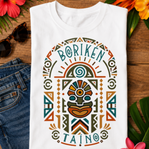 Borikén Taíno Graphic Tee featuring colorful Puerto Rican Indigenous-inspired symbols and tribal heritage artwork