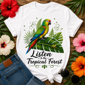 Colorful Puerto Rican parrot perched on tropical leaves with a coquí frog and the words "Listen to the Tropical Forest" on a nature-inspired graphic T-shirt.