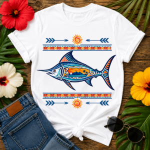 Colorful Puerto Rico tuna fish T-shirt featuring tribal artwork, a tropical sunset, palm trees, and the island of Puerto Rico inside a vibrant tuna illustration.