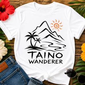 Minimalist Taíno Wanderer T-shirt featuring Puerto Rico mountains, palm trees, tropical coastline, and a stylized island sun.