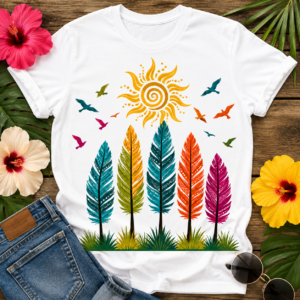 Colorful Boho Feather T-shirt featuring five rainbow feathers, a stylized Caribbean-inspired sun, and flying birds on a vibrant nature graphic.