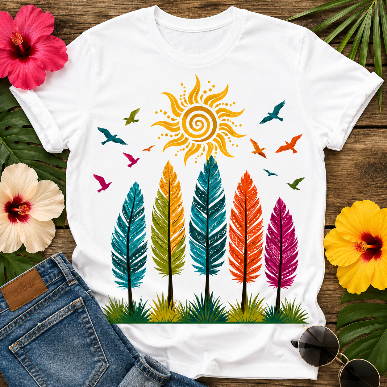 Colorful Boho Feather T-shirt featuring five rainbow feathers, a stylized Caribbean-inspired sun, and flying birds on a vibrant nature graphic.