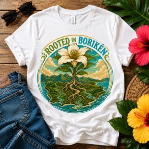 Rooted in Borikén T-shirt featuring a blooming island flower whose roots form Puerto Rico with mountains, rivers, and a tropical landscape representing Puerto Rican heritage.