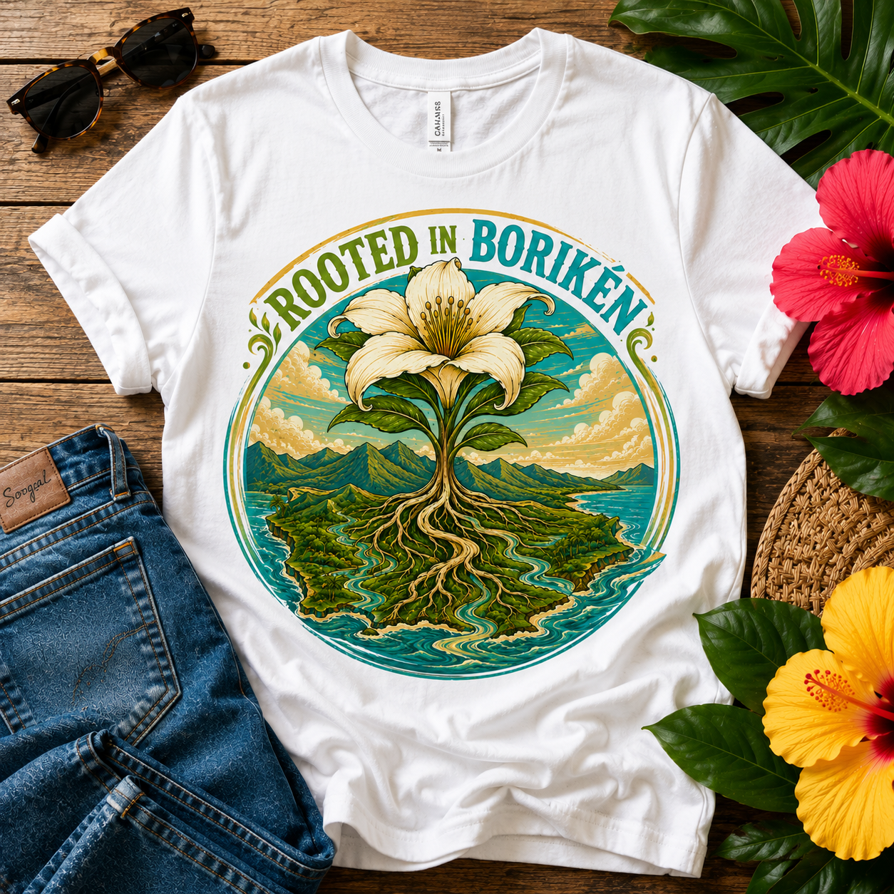 Rooted in Borikén T-shirt featuring a blooming island flower whose roots form Puerto Rico with mountains, rivers, and a tropical landscape representing Puerto Rican heritage.