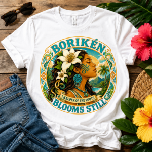 Borikén Blooms Still T-shirt featuring a Taína woman with an island lily, tropical landscape, and the words "Keeper of the Roots" celebrating Puerto Rican heritage.