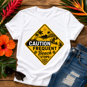 Caution Frequent Beach Stops T-Shirt featuring vintage tropical beach road sign with palm trees, ocean, mountains and island scenery