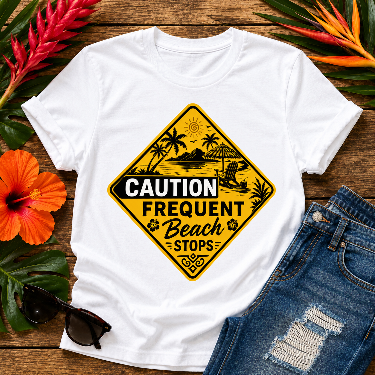 Caution Frequent Beach Stops T-Shirt featuring vintage tropical beach road sign with palm trees, ocean, mountains and island scenery