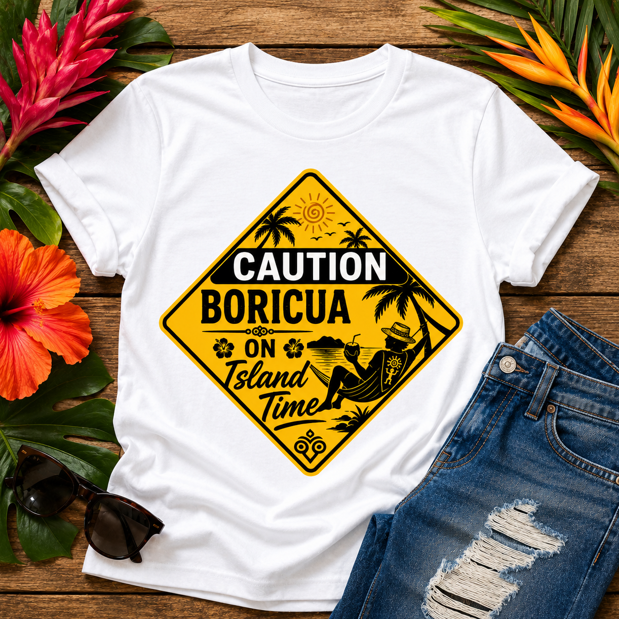 Caution Boricua on Island Time T-Shirt featuring vintage tropical road sign with hammock, beach, palm trees and Puerto Rico island design