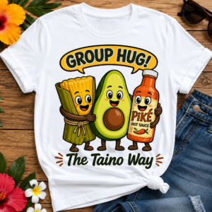 Cute Puerto Rican food T-shirt featuring smiling pasteles, avocado, and pique hot sauce with Group Hug! The Taíno Way slogan.