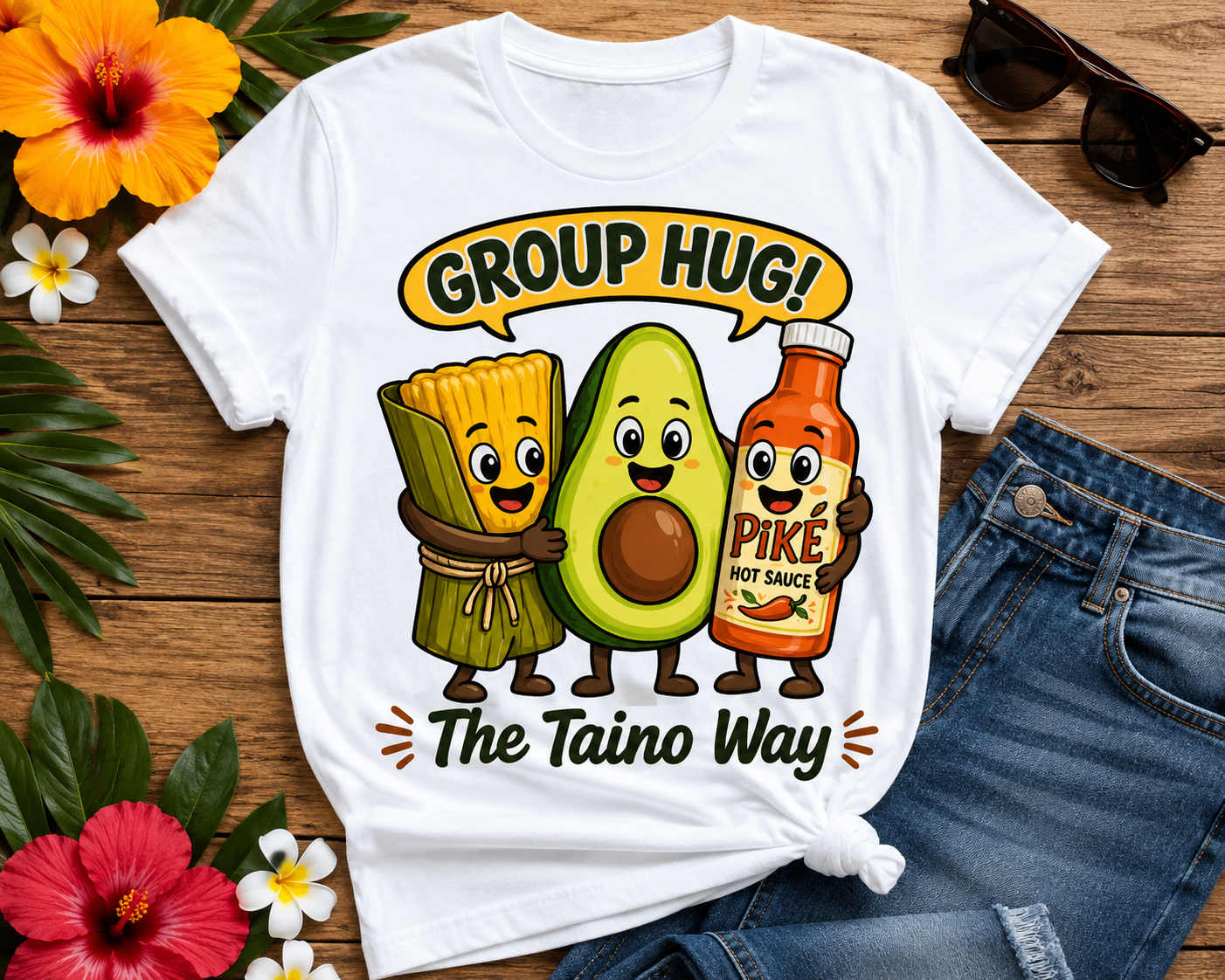 Cute Puerto Rican food T-shirt featuring smiling pasteles, avocado, and pique hot sauce with Group Hug! The Taíno Way slogan.
