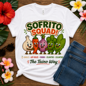 Puerto Rican sofrito T-shirt featuring smiling garlic, ají dulce, onion, cilantro, and culantro characters with the Sofrito Squad The Taíno Way design.