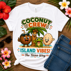 Puerto Rican island vibes T-shirt featuring smiling coconut, coquí frog, palm tree, and seashell characters with Coconut Crew Island Vibes The Taíno Way artwork.