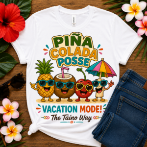 Puerto Rican piña colada T-shirt featuring smiling pineapple, coconut, cherry, and beach umbrella characters with Piña Colada Posse Vacation Mode The Taíno Way artwork.