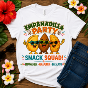 Puerto Rican snack T-shirt featuring smiling empanadilla, alcapurria, and bacalaito characters with the Empanadilla Party Snack Squad design.