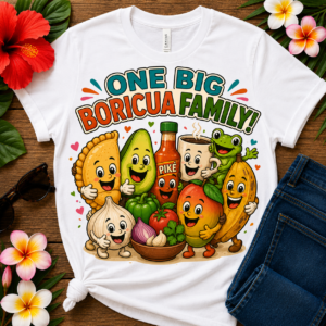 Puerto Rican food T-shirt featuring smiling empanadilla, avocado, pique hot sauce, cafecito, coquí frog, mango, plantain, garlic, peppers, tomato, onion, and sofrito ingredients with the words "One Big Boricua Family!" celebrating Puerto Rican culture and island traditions.