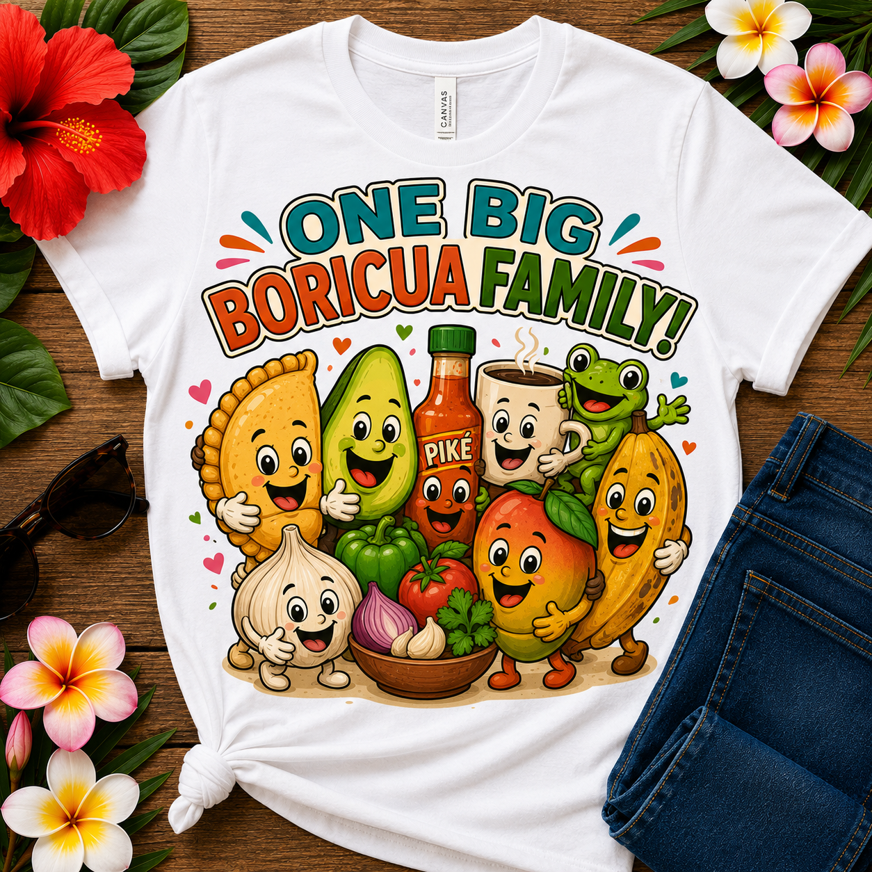 Puerto Rican food T-shirt featuring smiling empanadilla, avocado, pique hot sauce, cafecito, coquí frog, mango, plantain, garlic, peppers, tomato, onion, and sofrito ingredients with the words "One Big Boricua Family!" celebrating Puerto Rican culture and island traditions.