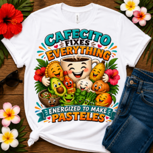 Puerto Rican coffee T-shirt featuring a smiling cup of cafecito surrounded by pasteles ingredients, avocado, pique hot sauce, garlic, onion, plantain, coquí, sofrito vegetables, and tropical fruit with the words "Cafecito Fixes Everything – Energized to Make Pasteles."