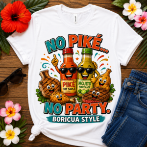 Puerto Rican BBQ T-shirt featuring smiling piké hot sauce, mojito marinade, grilled pork, chicken, steak, and pork chop cartoon characters with the words "No Piké… No Party! Boricua Style."